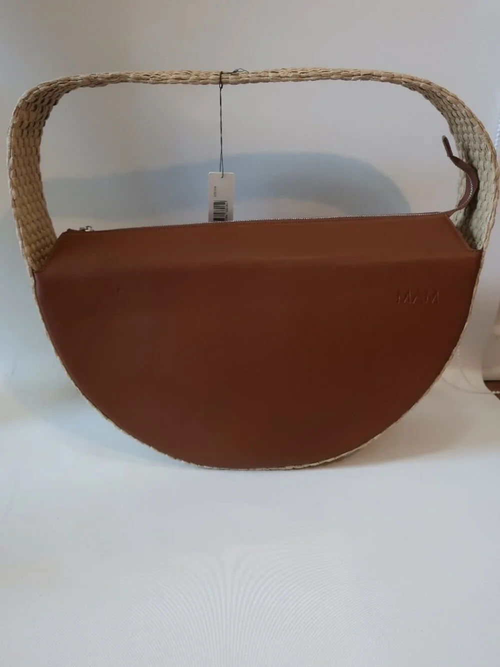 NWT Womens MAM Brown Natural Raffia Leather UF0 205 Large Round Shoulder Handbag